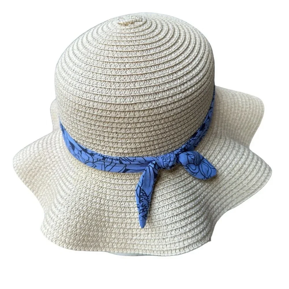 Straw Hat Wide Brim Sun Hat Beach Blue Ribbon‎ Hatband for Toddler Girls